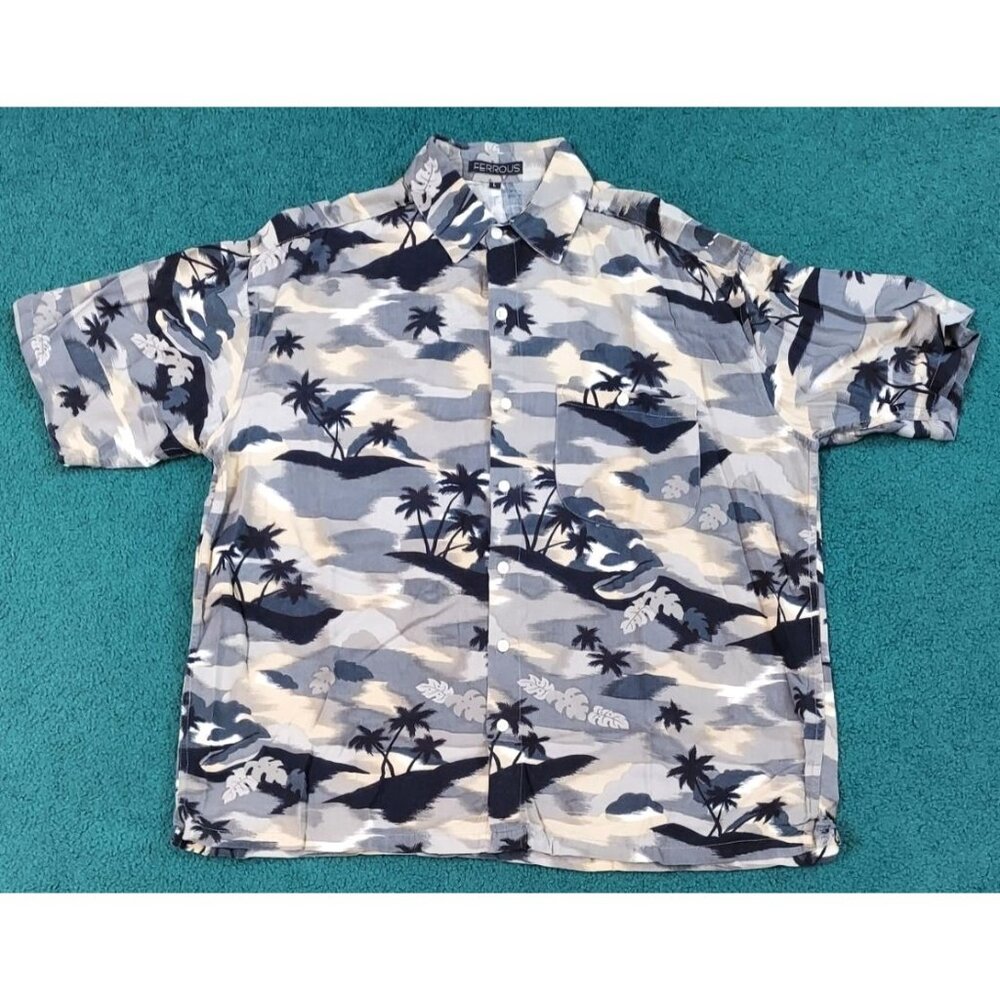 Ferrous Palm Trees Island Dusky Sky Print Hawaiian Shirt Short Sleeve L Vintage